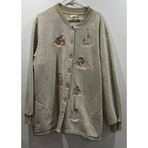 VTG BonWorth Cardigan Sweater Women's XL Beige Safari Animal Embroidered  EUC